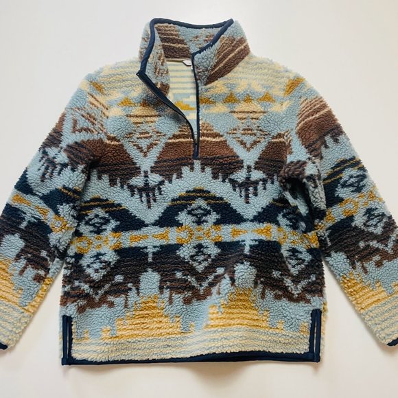 LL Bean Signature Sherpa Fleece Pullover 1/4 Zip Jacquard blue brown cream Mediu - Picture 4 of 11